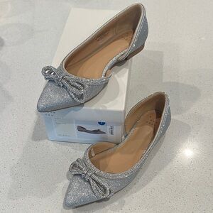 Sparkle Pointed-Toe Bow Flats - Silver